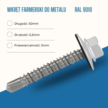 Wkręt farmerski do metalu 5,5X50 mm przewiercalność 5 mm w kolorze RAL 9010